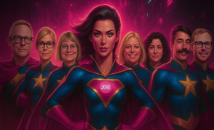 AI-genererad bild på forskarna som superhjältar.