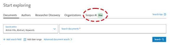 Skärmdump på Scopus webbplats med fliken för Scopus AI inringad.